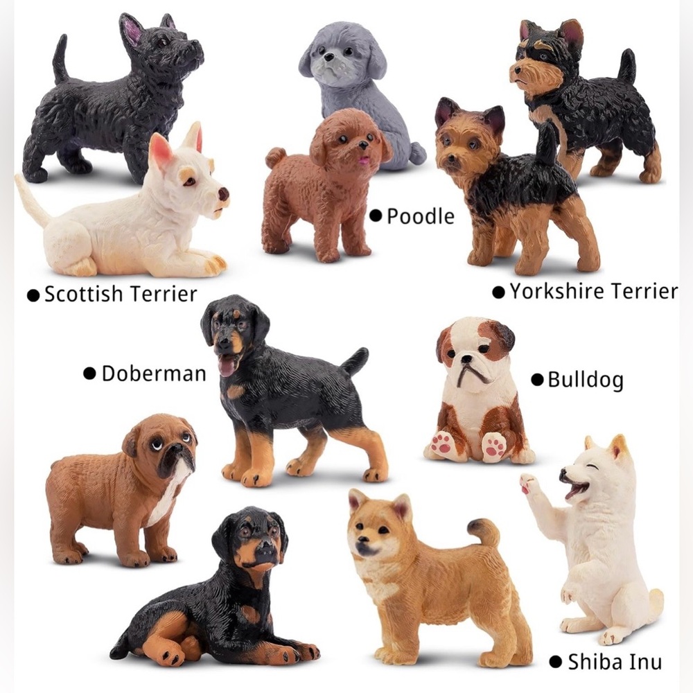 Eyscota Box of 12 DOG Animal Figurines Poodle, Yorkie, terrier, bulldog - NIB!